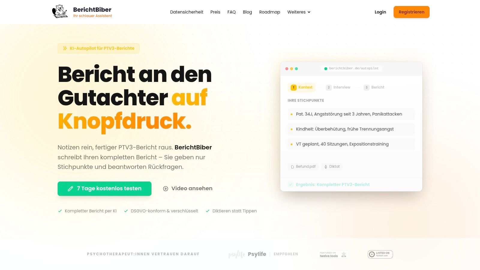 BerichtBiber KI Software für PTV3-Berichte und Psychotherapie Bericht an den Gutachter
