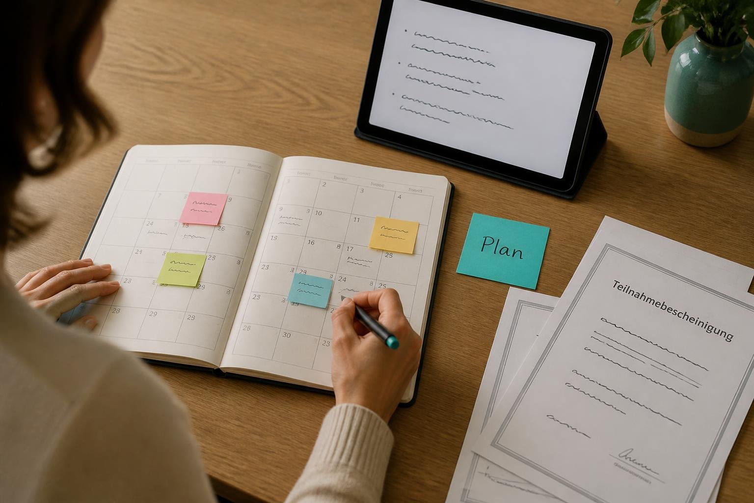 Therapeut plant Fortbildungen am Tisch: Kalender, Notizen und Teilnahmebescheinigungen; kleine Haftnotiz mit Aufschrift 'Plan' sichtbar.