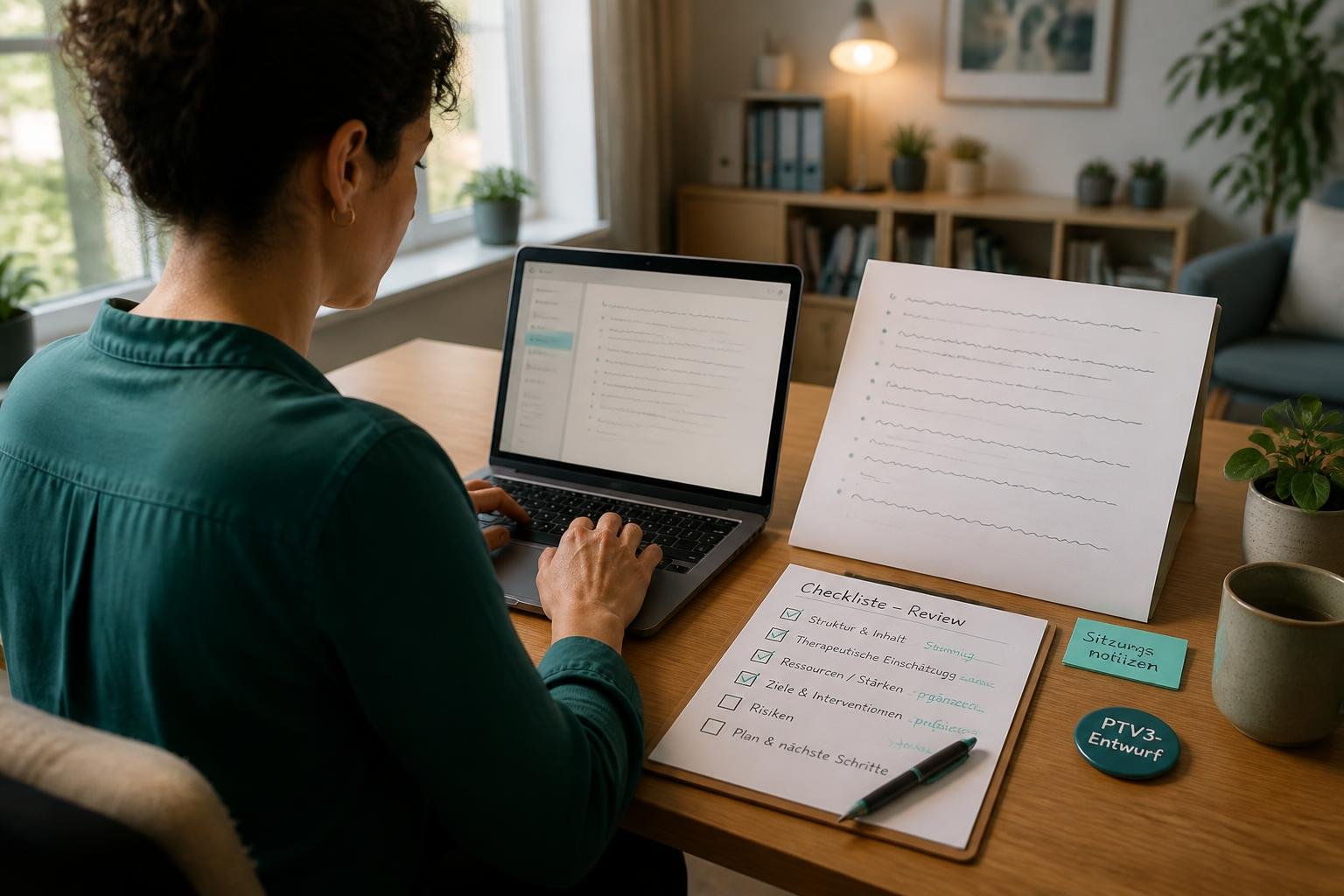 Psychotherapeutin überprüft automatische Sitzungsnotizen auf Laptop und gedrucktem PTV3‑Entwurf mit Platzhaltern und Notizen.