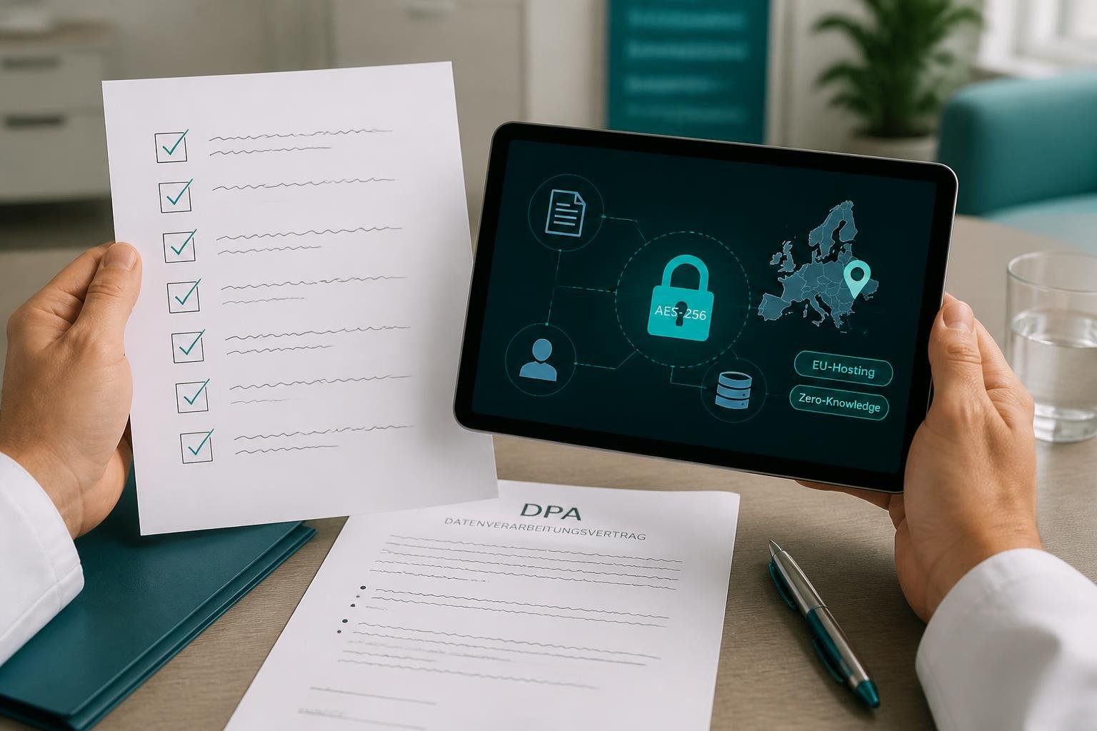 Nahaufnahme: Checkliste, AES‑256 Schlosssymbol und EU‑Markierung auf Tablet sowie DPA‑Papier mit Platzhaltern, Symbol für Datenschutz.
