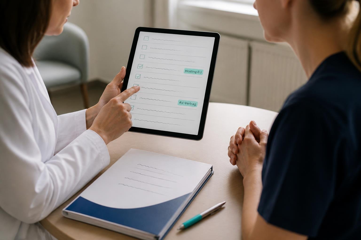 Zwei Therapeut:innen prüfen eine Datenschutz‑Checkliste auf Tablet; 'Hosting EU' und 'AV‑Vertrag' sind hervorgehoben, Akten im Hintergrund.
