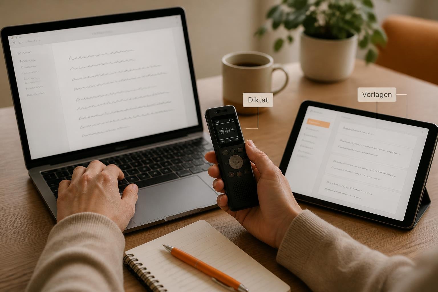 Nahaufnahme: Therapeutin diktiert, Laptop und Tablet mit Platzhaltertext; kleine Labels „Diktat“ und „Vorlagen“ zeigen relevante Tooltypen.
